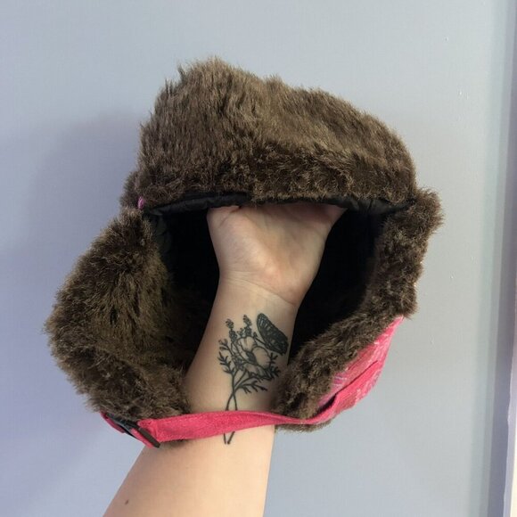 D&Y Trapper Hat Womens One Size Pink Shapka Plaid Winter Faux Fur Ear Flap - Picture 10 of 10